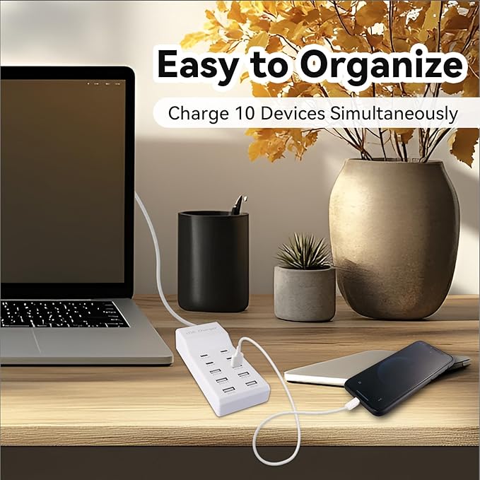 USB Charging Station, 10 Ports Family-Sized USB C Charger Block,USB Power Strip for Smart Phone Tablet Laptop Computer (1 Pcs)