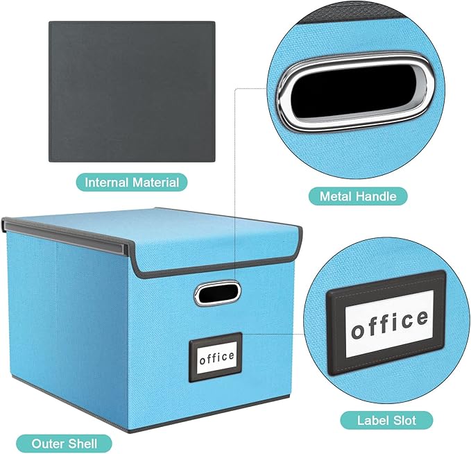 Huolewa Portable File Organizer Box Office Document Storage with Lid, Linen Hanging Filing Storage Boxes, Decorative Home/Office Filing System for File and Folders Storage (Sky-blue)