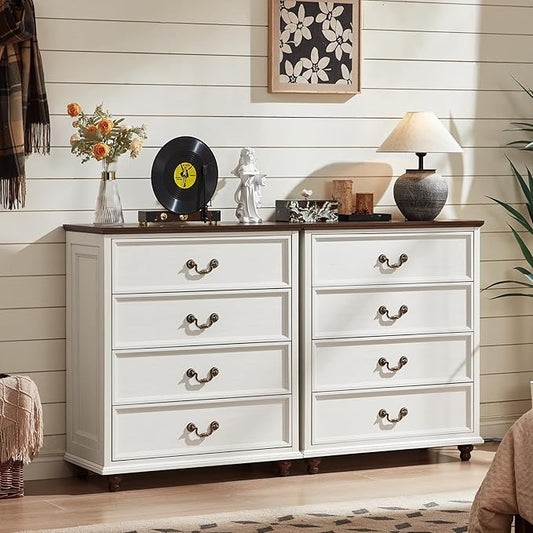 Farmhouse 4 Drawer Dresser Set of 2 for Bedroom, 37" Tall Rustic Chests of Drawers w/ 4 Solid Wood Feet, Mid Century Vintage Wooden Closet Storage Dressers Organizer for Living Room, White