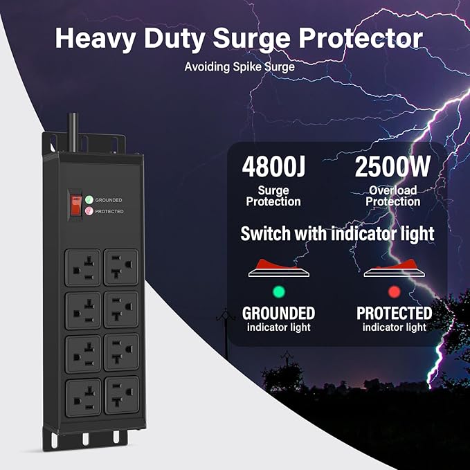 CCCEI Black Heavy Duty Power Strip Surge Protector 20 AMP, 8 Outlets 12 Gauge Industrial Shop Garage Metal Multiple Outlets, 12 FT Extension Cord 5-15P Adapter High Amp 6-20R T-Slot 20a for Appliance