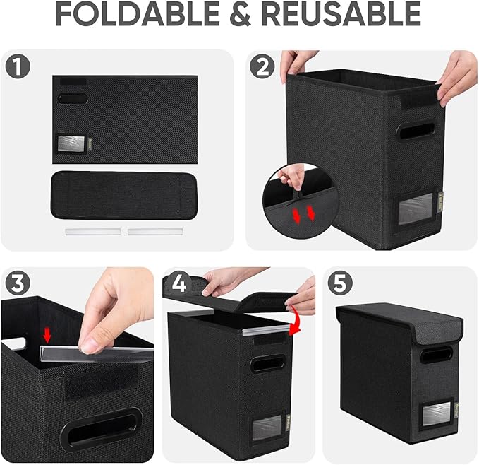 BALEINE File Organizer Box with Lid, Collapsible File Folder Organizer with Plastic Slide, Hanging File Folder Box for Office Document Storage (1 Pack, Black, S)