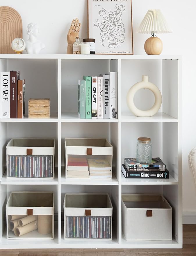 StorageWorks Closet Storage Bins, Storage Baskets with Clear Window and Handles, Foldable Fabric Organizer for Clothes, Shelves, Beige, 3 Pack