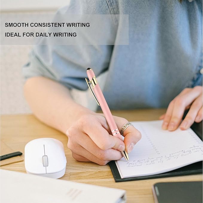 LINFANC 12 Pack Morandi Gold Ballpoint Pen with Stylus Tip, 1.0 mm Black Ink Smooth Writing Pens, Metal Stylus Pens for Touch Screens