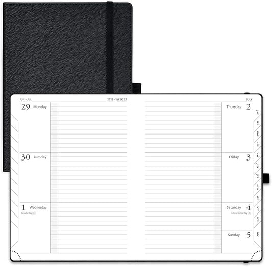 POPRUN Weekly Planner 2026 Calendar (Medium 6.75" x 8.75") 12 Months Notebook with Horizontal Layout, Leather Hardcover, Inner Pocket, 100GSM Thick Paper, Pen Holder - Black