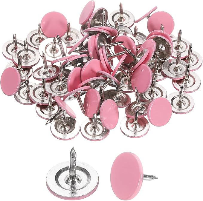 uxcell 60Pcs Upholstery Tacks, 11mmx10mm Flat Head Thumb Tack Decorative Furniture Nails Push Pins for Furniture Sofa Headboards, Pink