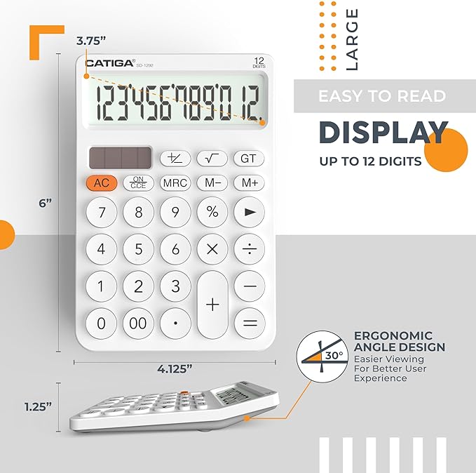 CATIGA 12 Digit Desktop Calculator Basic Desk Calculator with Large LCD Display, Big Buttons, 4 Function, Solar and Battery Dual Power, for Office, School, Home, SD-1292 White