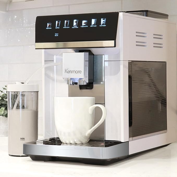 Koolatron Kenmore Espresso Machine – All-In-One Fully Automatic Coffee Maker With Auto Tamper, Descaler, Milk Steamer & Frother, Bean Grinder, Professional Barista Style Cappuccino, Cafe Latte, White