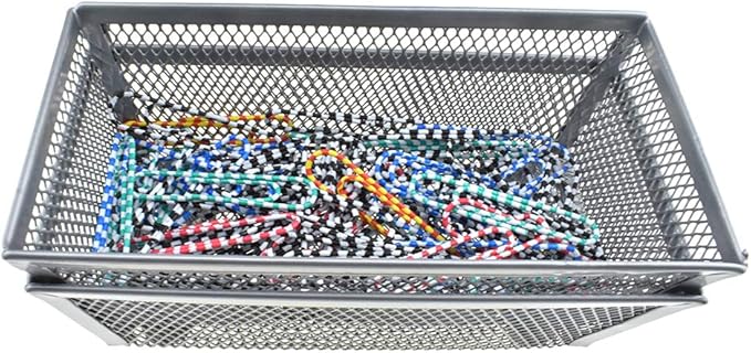 HAHIYO Stackable Mesh Tray Cup 6 x 3 x 2 inches Sturdy Container for Desk Drawer Organizer Collection for Home Office School kitchen Soft Foam Feet No Sharp Edges 2 Pack Silver