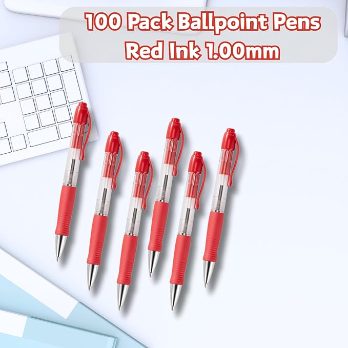 BallPoint Pens Bulk, 100 Pack (Red Ink), No Bleed Red Ink with soft Grip, Click Pens for Office Home and School, Retractable Ballpoint Pens, Medium Point, 1.00MM Smooth Writing (Red)