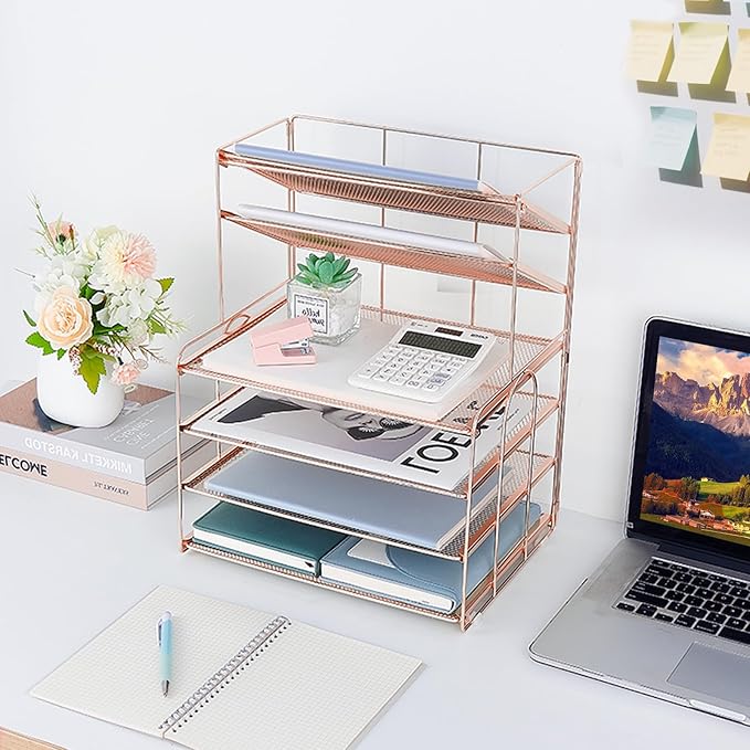 Desk Organizers and Accessories, 6-Tier Letter Tray Paper Organizer, Desktop File Organizer, Office Desk Accessories for Office Supplies (Rose Gold)