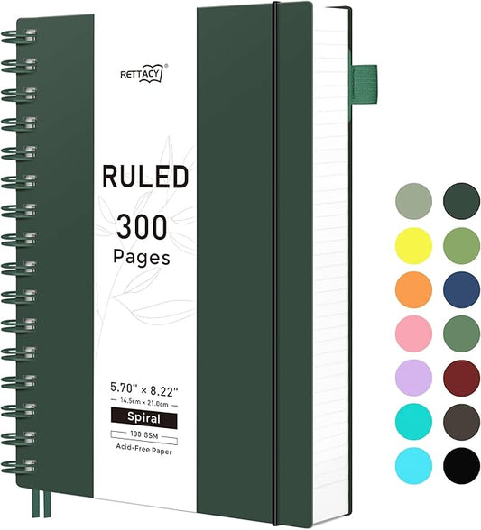 RETTACY Spiral College Ruled Notebook, 300 Pages, A5 Medium Size (5.7" x 8.2"), for School, Work, Writing, Journaling, 100 GSM Thick Paper, Flexible Plastic Cover (Deep Green)