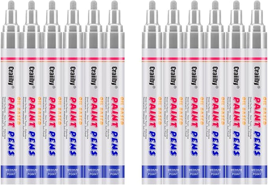Silver Paint Markers, 12 Pack Oil-Based Waterproof Quick Dry Permanent Paint Pen Set for Rocks Painting, Wood, Fabric, Plastic, Canvas, Glass, Mugs, Metal, Tire, Stone, DIY Craft
