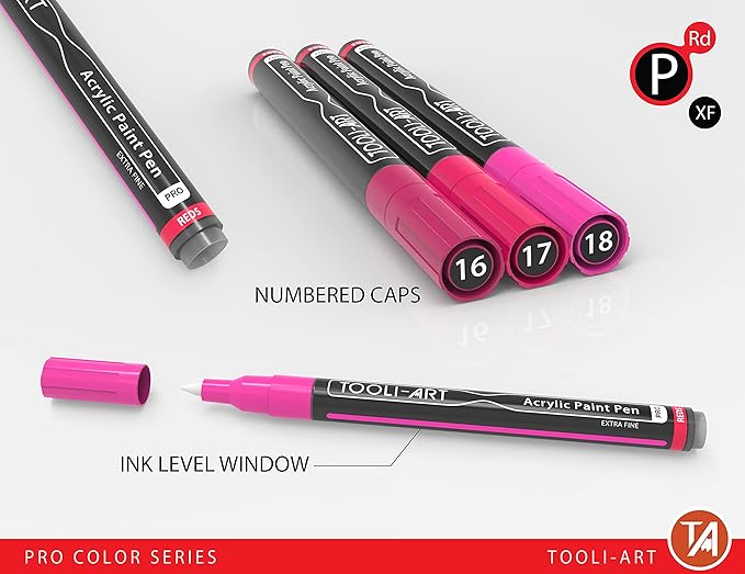 Acrylic Paint Pens 22 Red & Pink Tones Assorted Pro Color Series Markers Set 0.7mm Extra Fine Tip for Rock Painting, Glass, Mugs, Wood, Metal, Canvas, Projects, Non Toxic, Waterbased, Quick Drying