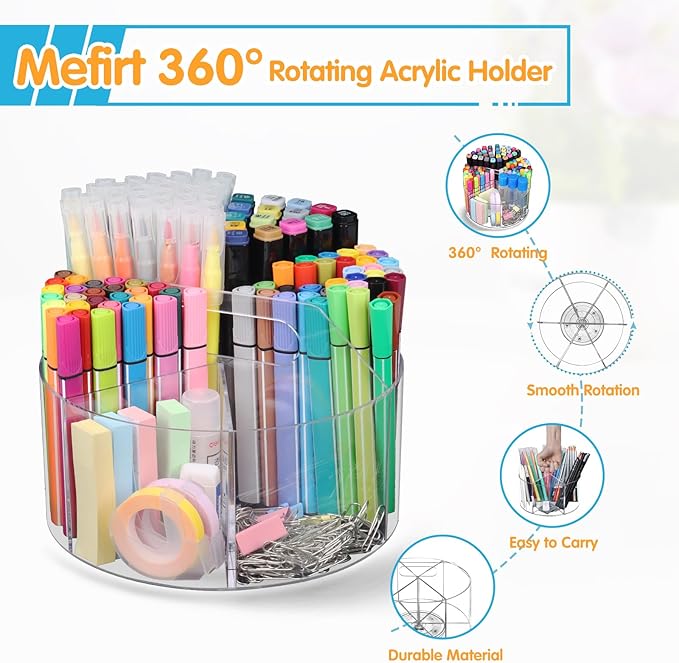 Acrylic Pen Holder, 360 Degree Rotating Pen Organizer, Rotating Desk Acrylic Office Organizer with 6 Compartments, Marker Organizer for Kid, Crayon Caddy School Art Supply Storage Organizer