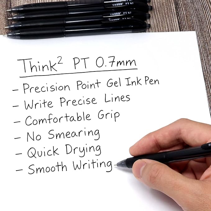 THINK2MASTER [24 Pens - Black Ink Think2 0.7mm Precision Tip Gel Pens. (24 Black) Fine Point Small Rollerball Pens with Smooth Quick Drying Ink.