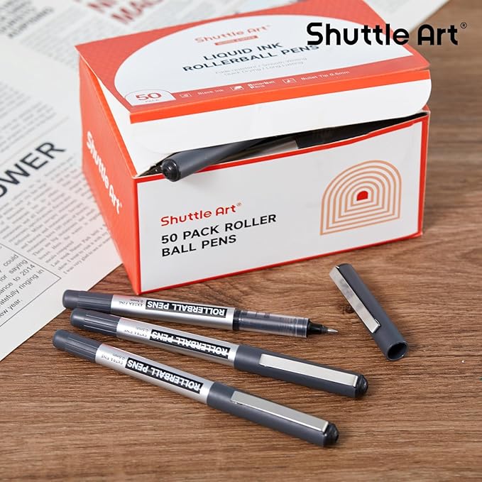 Shuttle Art RollerBall Pens, 50 Pack Black Fine Point Roller Ball Pens, 0.5mm Liquid Ink Pens for Writing Journaling Taking Notes School Office