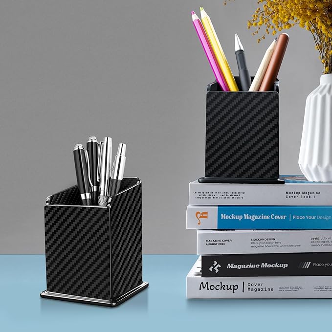 Carbon Fiber Black Pen Holder Cup for Desk, Black Pencil Cup Holder for Desk Office Pen Organizer,Modern Minimalist Pen Holder,Matte Black