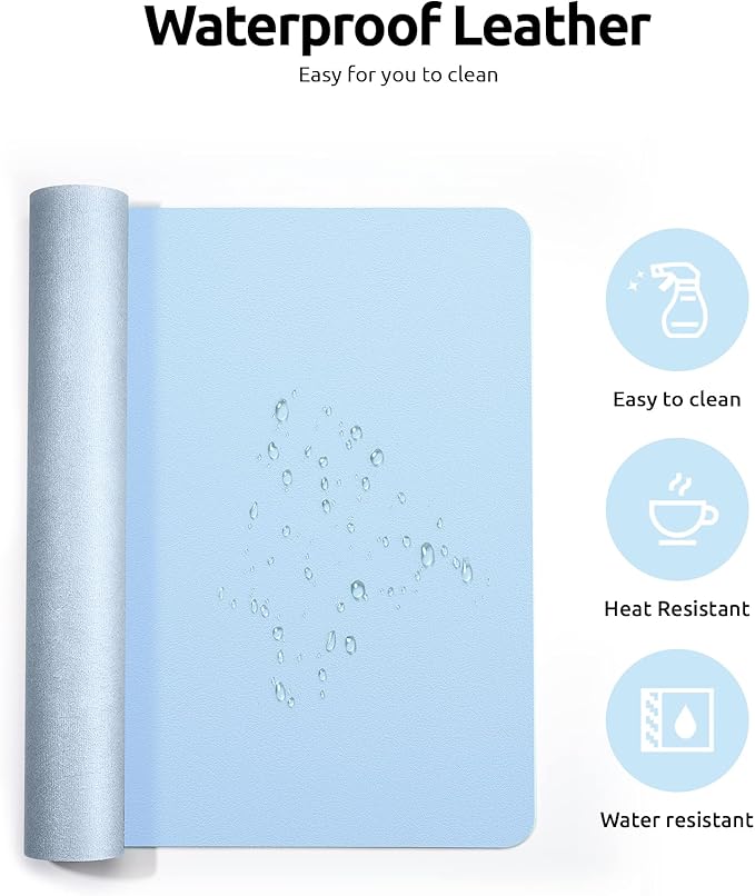 YSAGi Leather Desk Protector, Office Mat, Large Mouse Mat, Non-Slip PU Leather Blotter, Laptop Pad, Waterproof Writing Pad for Office and Home (Baby Blue, 35.4" x 17")