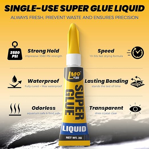 Super Glue 12x3g Liquid CA Glue, Clear Cyanoacrylate Adhesive Single Use for Shoe Sole Repair Ceramic Plastic Model Metal Wood Aquarium Leather Pottery Glass, Food Safe Strong and Instant Bonding
