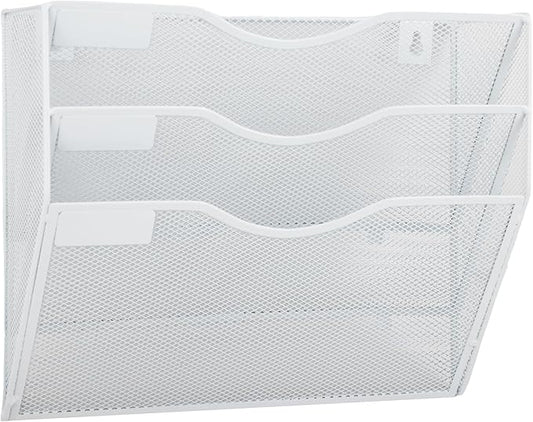EASEPRES 3 Pocket Mesh Hanging Wall File Organizer, Wall Mounted Mail Paper Document Folder Holder, Clipboard Storage Organization Magazine Rack with Nametag Label for Office Home School, White