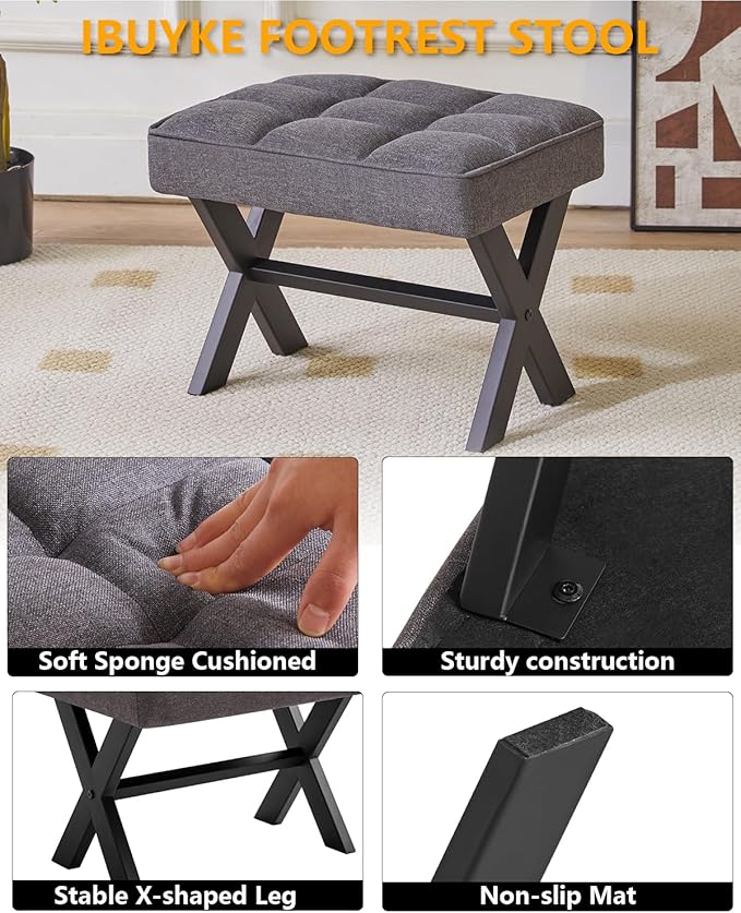IBUYKE Small 12" H Footrest, Square Linen Foot Stool with Metal X-Leg, Multi-Use as Small Side Table, Step Stool for Living Room, Bedroom, Entryway, Office, Dark Gray WBD011G