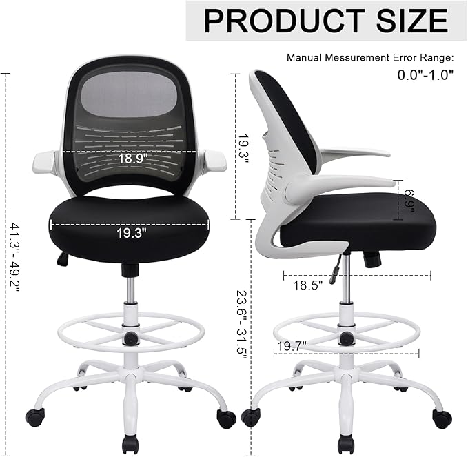 HYLONE Tall Drafting Chair Standing Desk Chair with Flip-Up Armrests, Adjustable Height Ergonomic Office Chair with Footrest Ring - High Stool Chair for Standing Desk (Black Mesh&White Base)