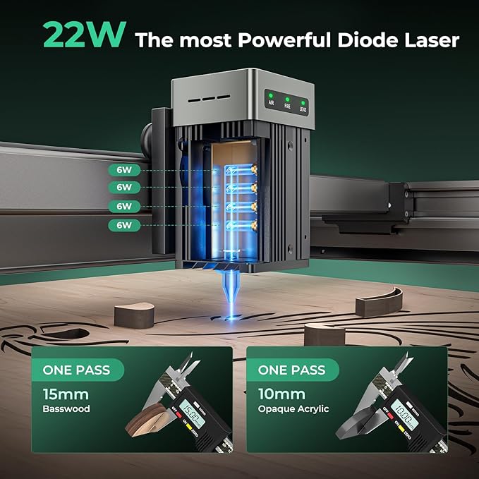 CREALITY FALCON2 22W Laser Engraver Machine with Air Assist and Rotary Roller, 220W High Accuracy Laser Engraver and Cutter Machine for Cylindrical Objects, 25000mm/min Faster Engraving