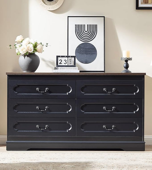 LIDYUK 6 Drawer Dresser for Bedroom Farmhouse Black Tall Wood Chest of Drawers for Bedroom Dresser, Modern Rustic 55" Wide Drawers Dressers Wooden Closet and Storage Cabinet, Hallway, Living Room