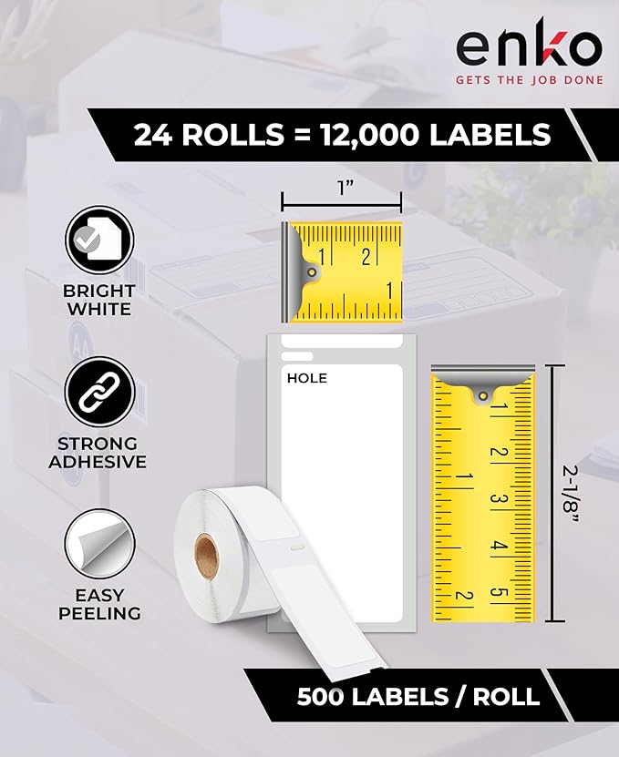 enKo Compatible for Dymo 30336 Labels (1" x 2-1/8") - 24 Rolls | 12,000 Labels for Dymo LabelWriter 450 Turbo Printer and 4XL - Blank White Direct Thermal Address, Shipping and Barcode Labels