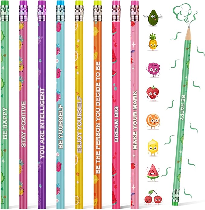Leinuosen 96 Pieces Smelly Pencils for Kids Scented Cute Fruit Summer Colorful Inspirational Motivational Pencils with Eraser Bulk for Kids Students School Classroom Party Gifts Rewards, 8 Styles