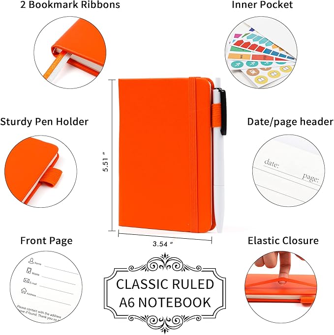 feela 6 Pack Pocket Mini Notebooks Bulk, Small Cute Memo Notepads Hardcover College Ruled Lined Journals with Pen Holder for School Business Work, with 6 Black Pens, 3.5”x 5.5”, A6, Orange