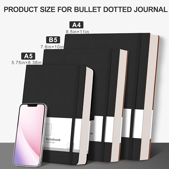 AHGXG Bullet Dotted Journal - Large A4 Notebook Dotted, 8.5''×11'', 320 Pages Dot Grid Notebook, 100gsm Thick Paper, Leather Softcover, with Journal Stencils, Inner Pocket - Black