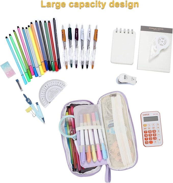 Large Pencil Case Zipper Pencil Pouch Organizer Big Capacity Pencil Bag with Handle Portable for Girls Kids Adults Gift Pen Case for School Home Office Purple