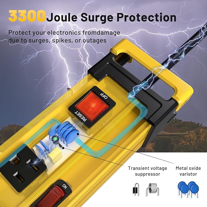 Plug'n 12 Outlet 3300J Surge Protector Power Strip,Individual Switches,9FT/14AWG/15AMP/1875W Power Cord,Heavy Duty Metal Power Strip with Cord Manager,for Workshop,Garage,Shop,2 Packs