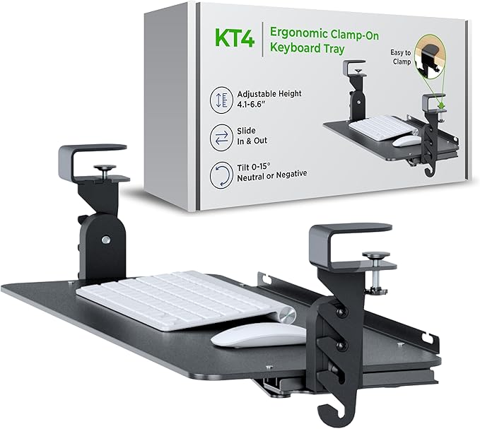Kt4 Clamp on Keyboard Tray, Adjustable Slide Out Drawer for Desk, Height Tilt Adjustable Keyboard Holder, Under Desk Pull Out Tray (Black)