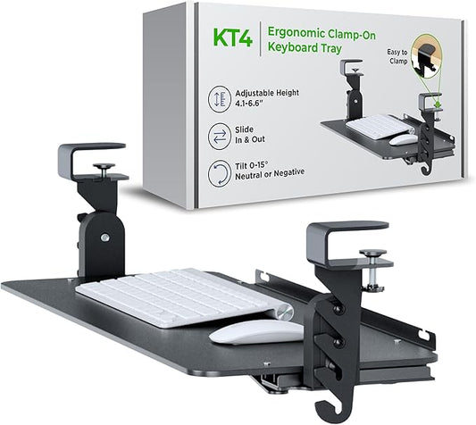 Kt4 Clamp on Keyboard Tray, Adjustable Slide Out Drawer for Desk, Height Tilt Adjustable Keyboard Holder, Under Desk Pull Out Tray (Black)