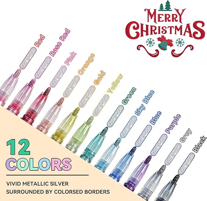 Outline Shimmer Markers, 12 Glitter Metallic Pens Tween Teen Girl Gifts Trendy Stuff 4-16 Year Old, Arts Crafts Kids Ages 8-12, Cool Travel Essentials for Kids Girls Ages 4-8-12-16