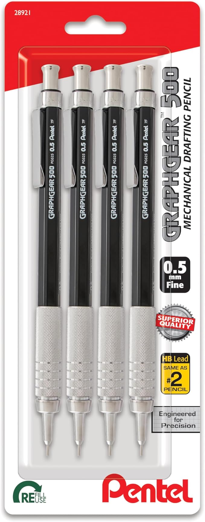 Pentel GraphGear 500 Mechanical Drafting Pencil, (0.5mm), Fine Line, Black Barrel, Pack of 4 (PG525BP4A)