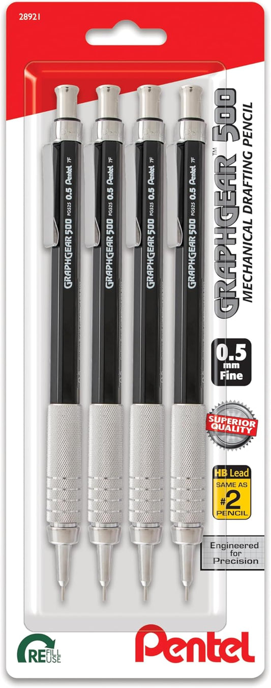 Pentel GraphGear 500 Mechanical Drafting Pencil, (0.5mm), Fine Line, Black Barrel, Pack of 4 (PG525BP4A)