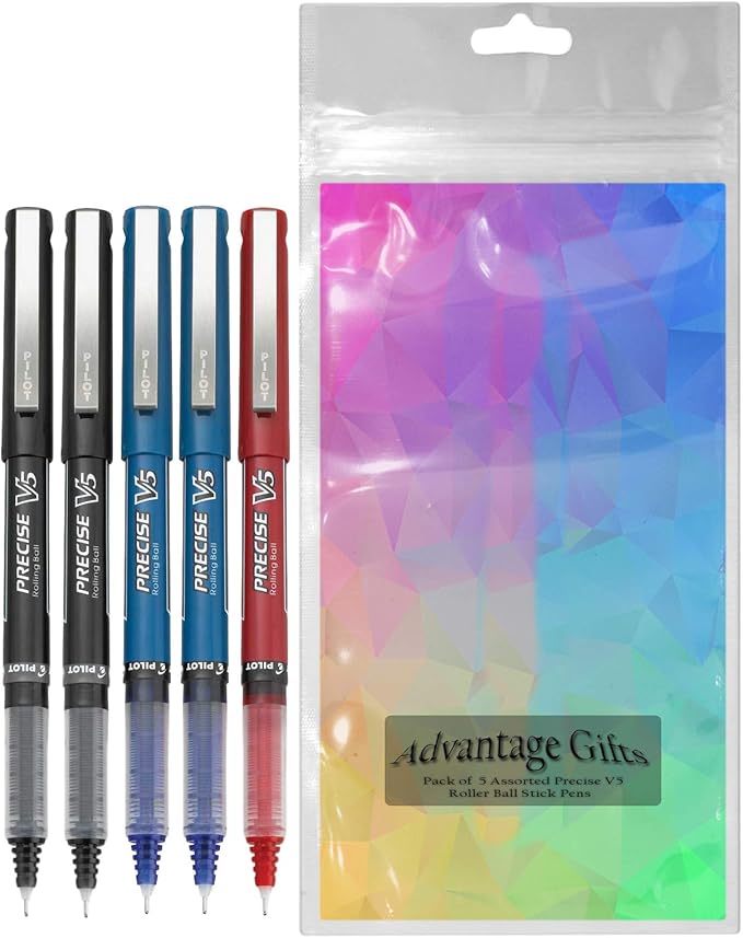 Precise V5 Stick Rolling Ball Pens, Extra Fine Point (.5mm), Assorted Colors Black/Blue/Red Ink, 5-pk; Bundle with Plastic Reusable Pouch