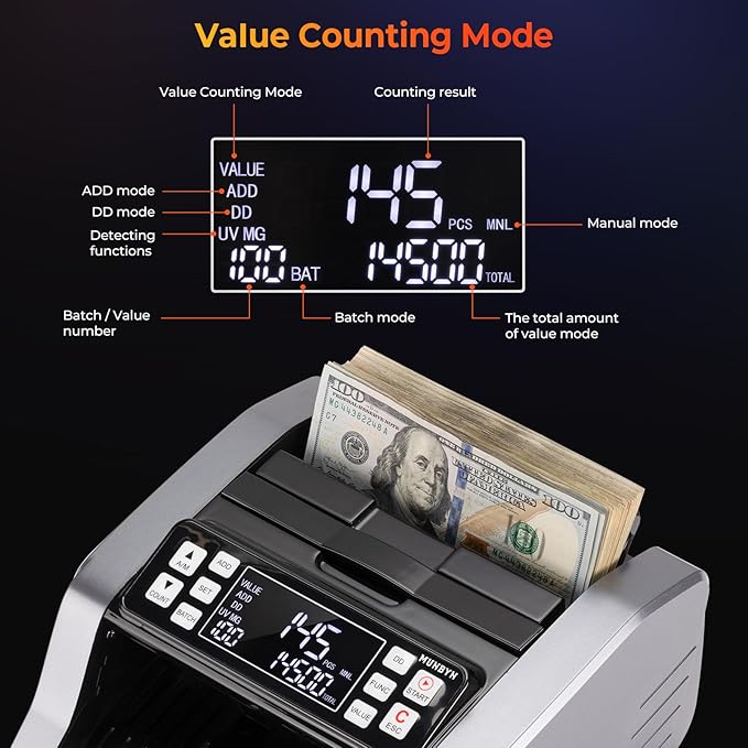 MUNBYN IMC20 Money Counter Machine with Value Count, UV/MG/IR/MT Counterfeit Detection for Dollar/Euro Bill Counter, Add/Batch/Value Mode Cash Counter, LED External Display, 2Y Protection
