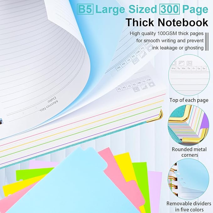 Hardcover Spiral Notebook 8"x10" Journal Notebook with Tabs and Removable Dividers 300 Pages 5 Subject Notebook College Ruled, Faux Leather Spiral Bound Notebook for Women, Students, School Work (Blue)