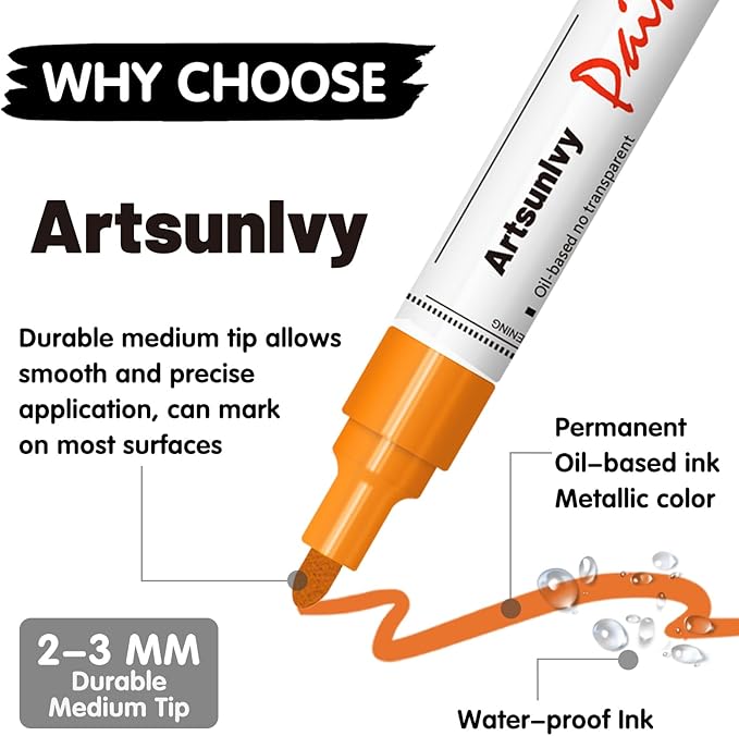 Orange Paint Pens Permanent Markers - 2 Pack Oil Based Quick Dry Waterproof Markers for Tire, Rubber,Wood, Rocks, Metal, Canvas, Plastic, Dark Surface,Craft Art Supplies,Medium Point