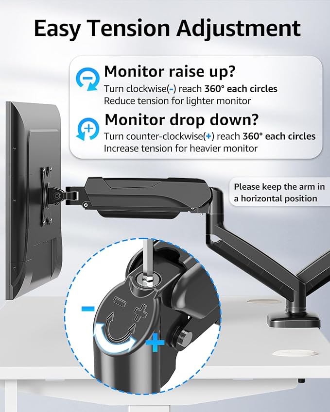 MOUNTUP Dual Monitor Stand for Desk, Pneumatic Monitor Arms for 2 Monitors Max 32 Inches, Height Adjustable Double Monitor Mount, VESA Mounts with C-Clamp & Grommet Base, Holds 4.4-17.6lbs, Black
