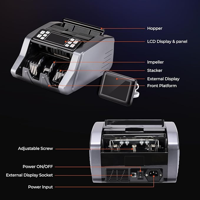 MUNBYN IMC20 Money Counter Machine with Value Count, UV/MG/IR/MT Counterfeit Detection for Dollar/Euro Bill Counter, Add/Batch/Value Mode Cash Counter, LED External Display, 2Y Protection
