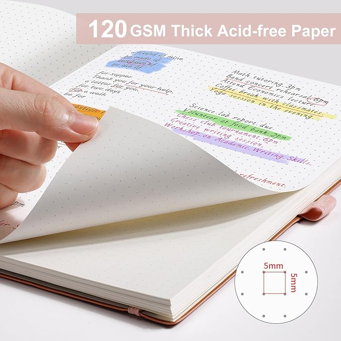 AHGXG Bullet Dotted Journal - Dot Grid Notebook Journal, 120 GSM Thick Acid-Free Paper, Large B5 Dotted Notebook 96 Pages, Leather Softcover, Inner Pocket, Journal Stencil, 7.6'' X 10'' - Rose Gold