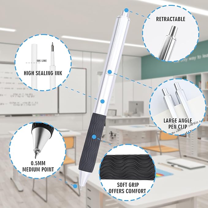 Bulk Black Pens, 50 Black ink Gel Pens,0.5 mm Fine Tip,Wholesale Fine Teacher Pens,Back to School Supplies,Gifts for Friends (Silver Body)