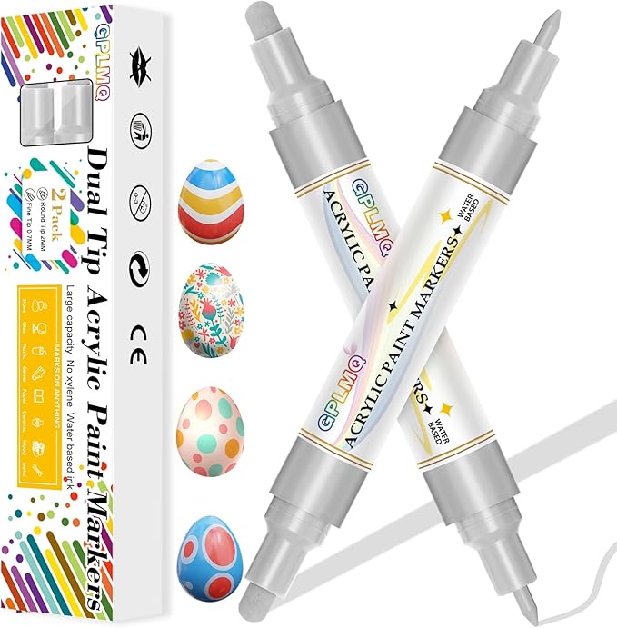 Paint Markers Paint Pens - 2 Pack Dual Tip Acrylic Permanent Marker (0.7mm & 3mm), Non-Toxic, Water-Based for Art Painting, Stone, Ceramic, Glass, Wood, Fabric, Metal, DIY Crafts (Silver)