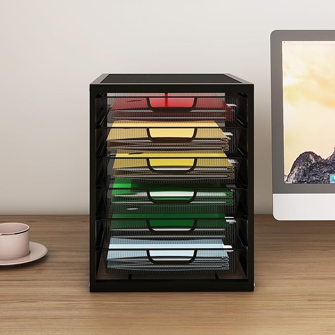 Natwind Mesh Desk Organizer with 6 Tier Sliding Drawers, Paper Sorter, Multi-Functional Home Office Supplies Storage Tray for Letters, Documents, Books, Mail, Files, Arts & Crafts Supplies - Black