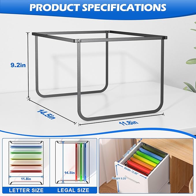 Legal and Letter Size Hanging File Folder Frame,Hanging File Folder Holder for Desktop Organizer,Metal Rack for Filing Cabinet and File Drawer,12.4” Wide x 15.3” Long x 9.4" Height,Black